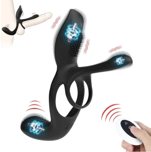 10-Speed Black 3-in-1 Rechargeable Silicone Vibrating Cock Ring for Couples My Store