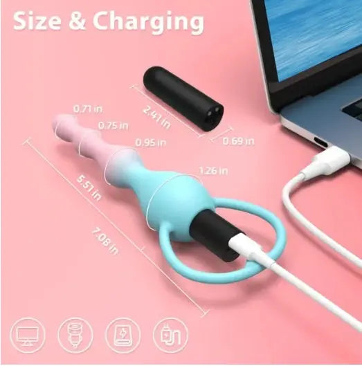 10-Speed Blue & Pink Rechargeable Silicone Beaded Vibrator with USB Magnetic Charging My Store